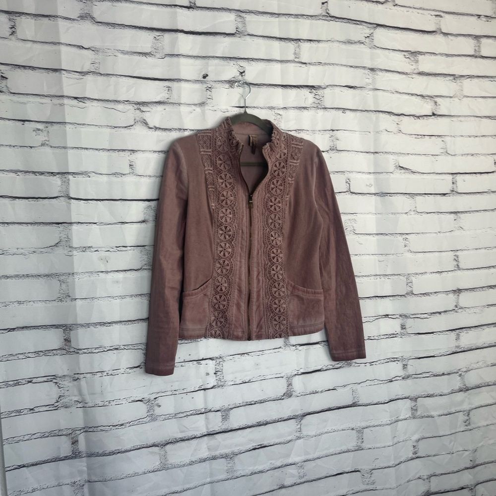 XCVI Embroidered Zip Jacket Women’s S Dusty Rose Cotton Blend Boho Lace Preppy - Picture 2 of 14